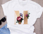Custom name letter combination women High quality printing T-shirt Flower letter Font A BCDEFG short sleeve Clothing