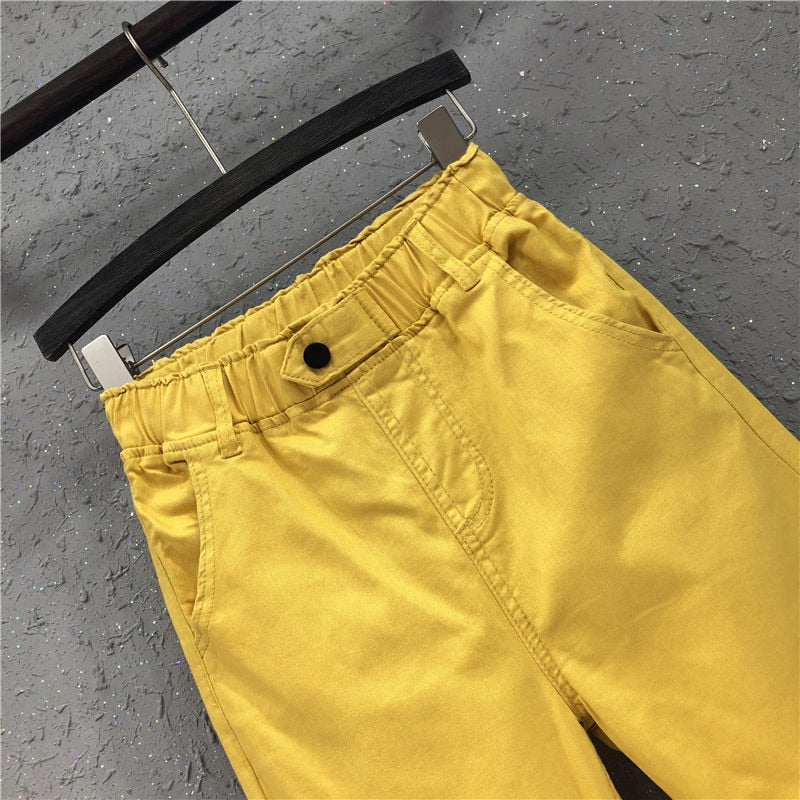 New Arrival Summer Women Harem Pants All-matched Casual Cotton Denim Pants Elastic Waist 6XL Size Yellow White Jeans D321