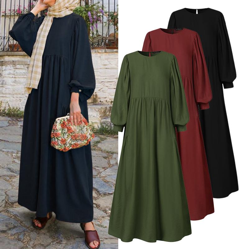Retro Muslim Dress Women Long Puff Sleeve