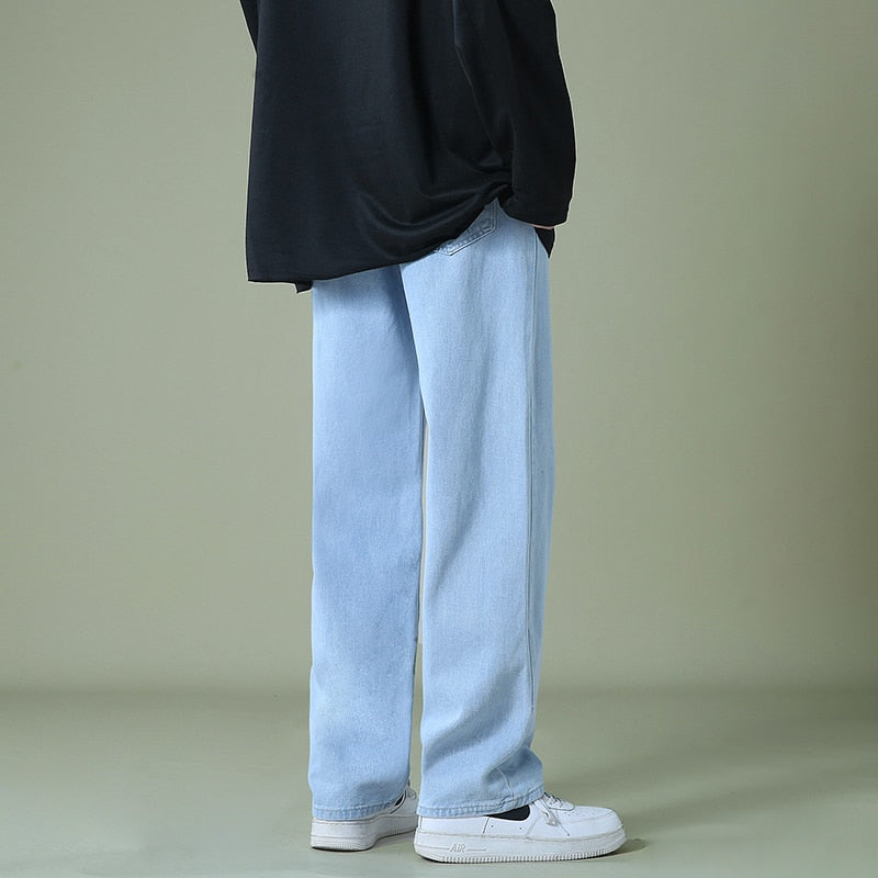 New autumn men denim wide leg pants korean style straight light blue baggy jeans elastic waist students trousers male black gray