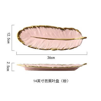 Luxury Ceramic Platter Tray with Glod Rim Green Leaf Glod Feather Jewelry Makeup Brush Storage Decorative Sushi Plate