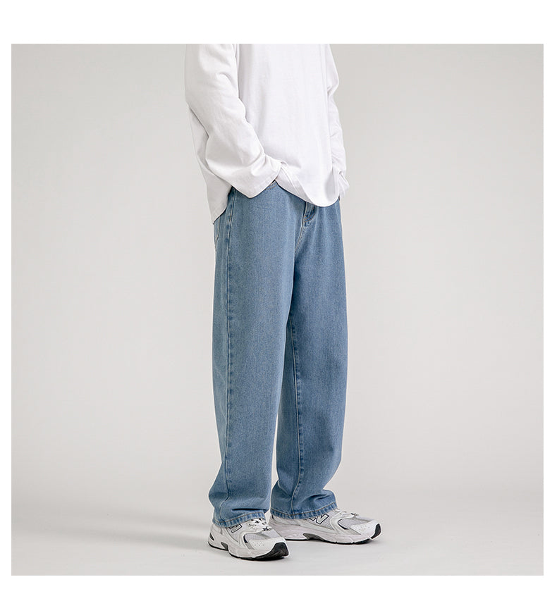 Korean fashion men's baggy jeans classic all-match solid color straight leg wide leg jeans male light blue gray black