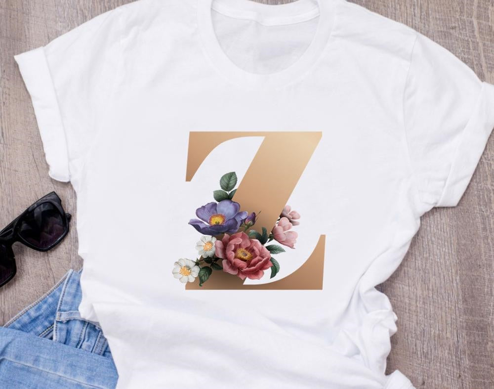 Custom name letter combination women High quality printing T-shirt Flower letter Font A BCDEFG short sleeve Clothing