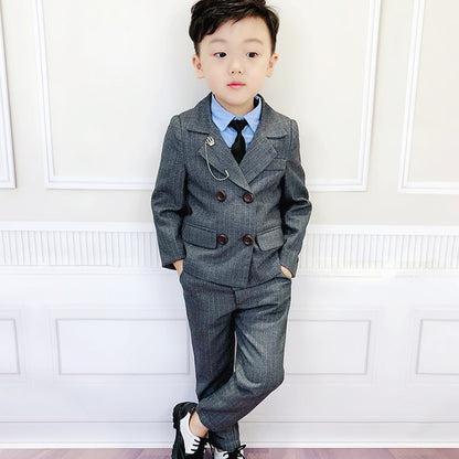 Flower Boys Formal Dress Suit Set Autumn Kids Plaid Double Breasted Blazer Pants 2Pcs Clothes