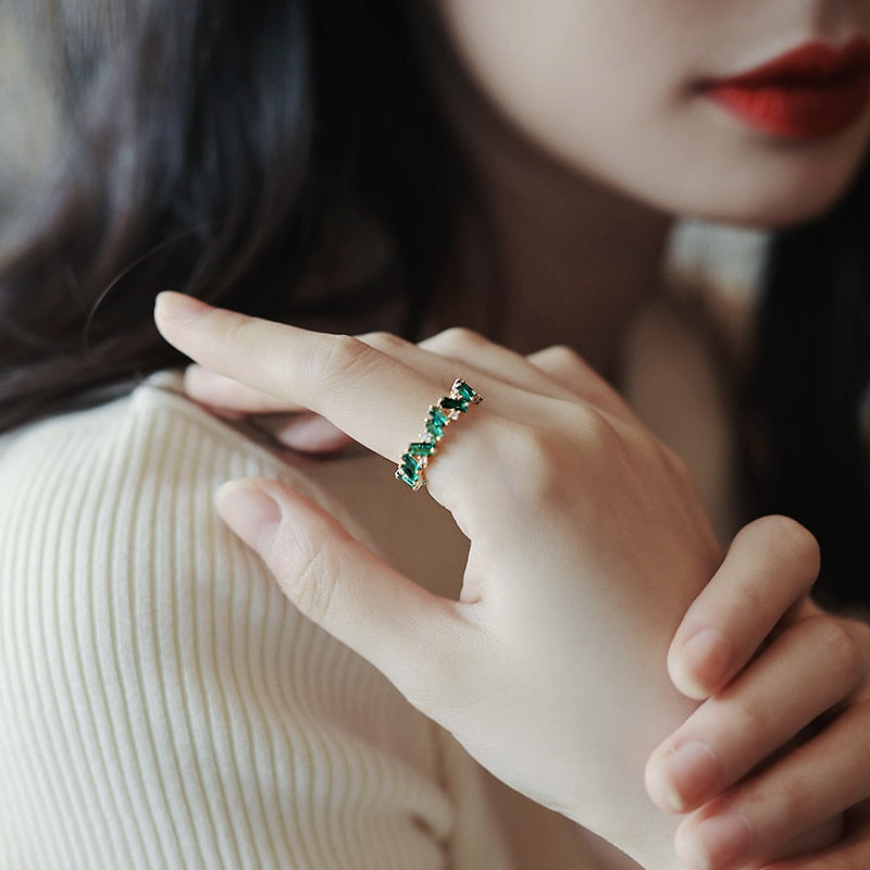 Luxury Green Crystal Irregular Gold Color Rings Woman 2023 Neo Goth Jewelry High Set Accessories For Korean Fashion Girls