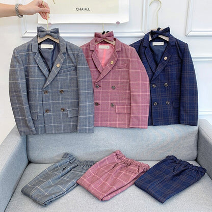 Flower Boys Formal Dress Suit Set Autumn Kids Plaid Double Breasted Blazer Pants 2Pcs Clothes