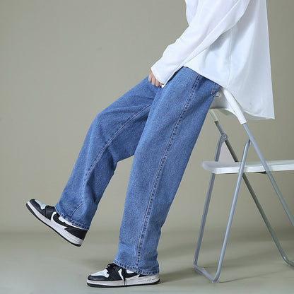 New autumn men denim wide leg pants korean style straight light blue baggy jeans elastic waist students trousers male black gray