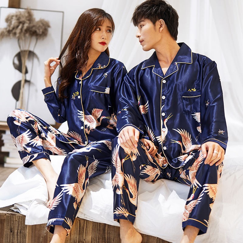 OVERSIZE Couples Print Pajamas Suit Shirt &amp; Pants Silky 2PCS Sleep Set Kimono Bathrobe Gown Casual Bridal Wedding Gift Nightwear