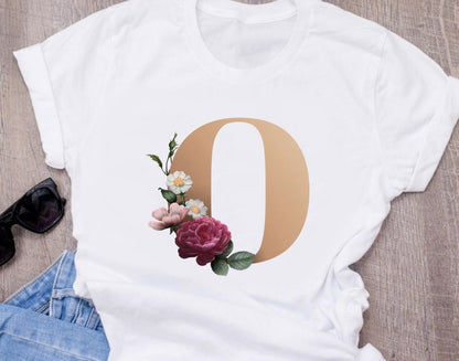 Custom name letter combination women High quality printing T-shirt Flower letter Font A BCDEFG short sleeve Clothing