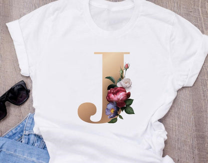 Custom name letter combination women High quality printing T-shirt Flower letter Font A BCDEFG short sleeve Clothing