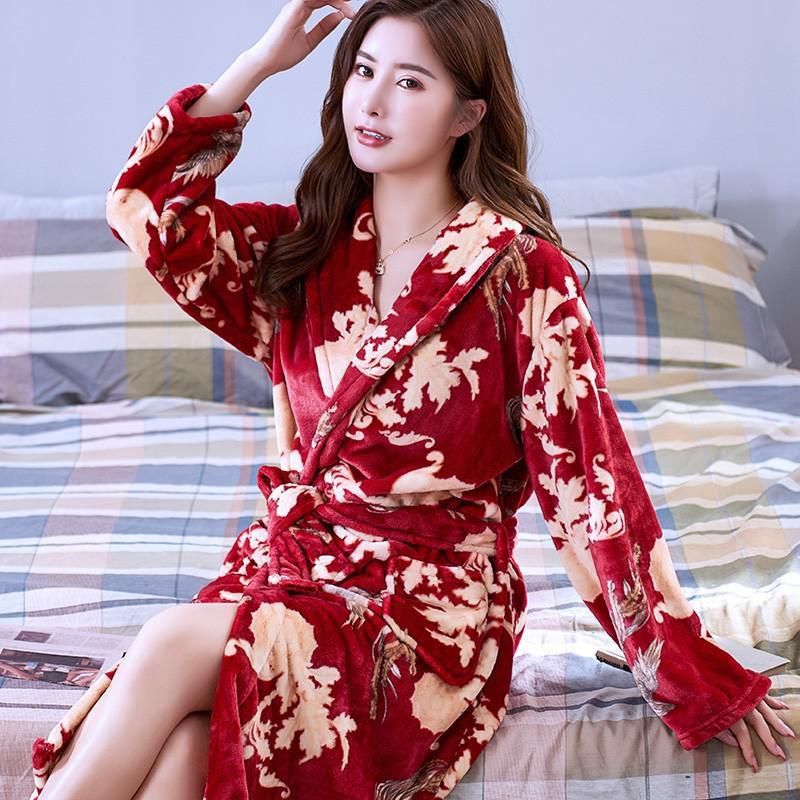 Lovers Coral Fleece Robe Autumn Winter Warm Sleepwear Women Men Thicken Flannel Bathrobe Lounge Nightgown Home Clothes Bigsize