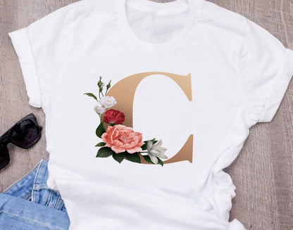 Custom name letter combination women High quality printing T-shirt Flower letter Font A BCDEFG short sleeve Clothing