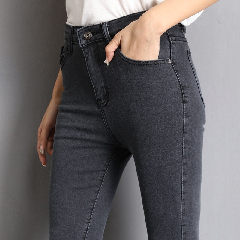 Jeans für Frauen mom Jeans blau grau schwarz Frau Hohe Elastische 36 38 40 Stretch Jeans weibliche gewaschen denim dünne bleistift hosen