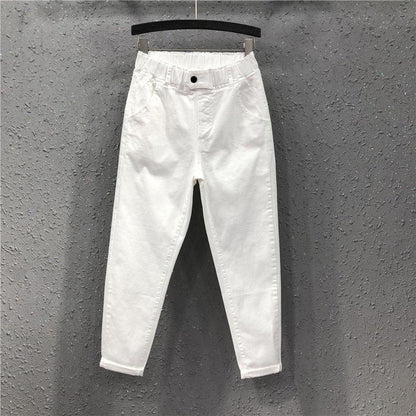 New Arrival Summer Women Harem Pants All-matched Casual Cotton Denim Pants Elastic Waist 6XL Size Yellow White Jeans D321