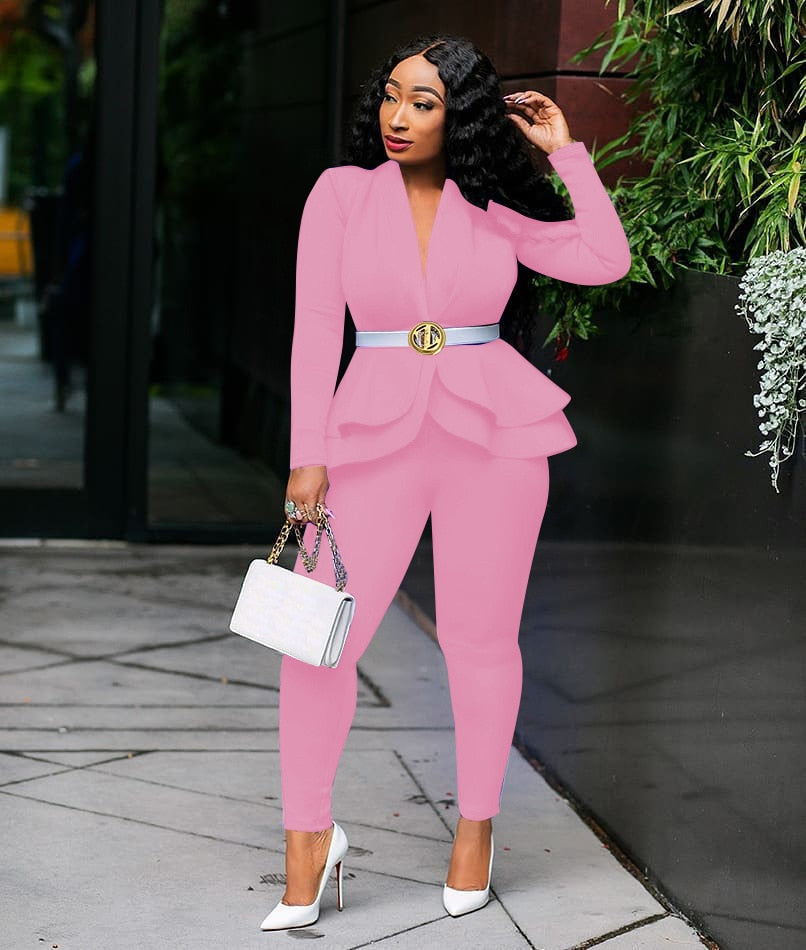 Set Tracksuit Full Sleeve Ruffle Blazer Pencil Pants Suit Two Piece