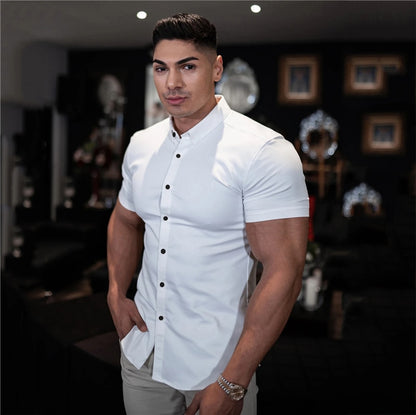 Men Fashion Casual Short Sleeve Solid Shirt Super Slim Fit