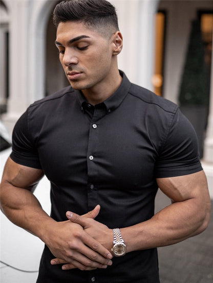 Men Fashion Casual Short Sleeve Solid Shirt Super Slim Fit