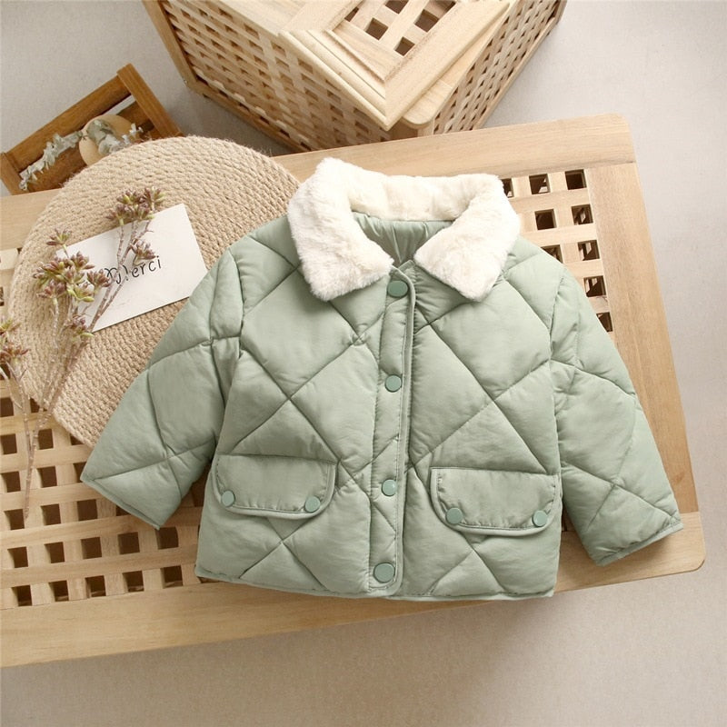 Neue Winter Kinder warme Baumwoll jacken Kaninchen Pelz Kragen Mäntel Baby kurze Stepp jacke