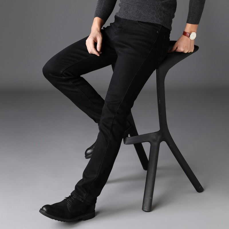 Men Stretch Black Jeans Classic Style Business Fashion Pure Black Slim-fit Denim Pants Male Brand Casual Trousers
