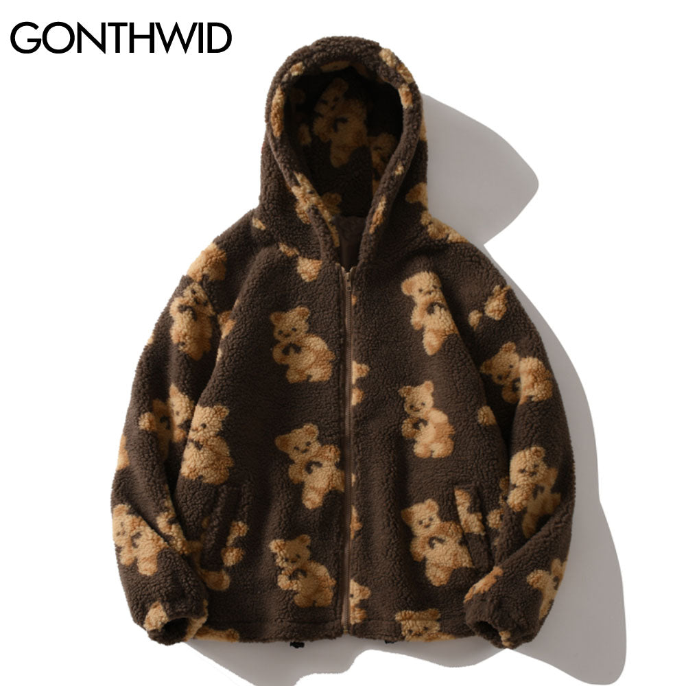 Fleece Hooded Jackets Streetwear Casual Harajuku Hip Hop Men Women Fashion Bear Print