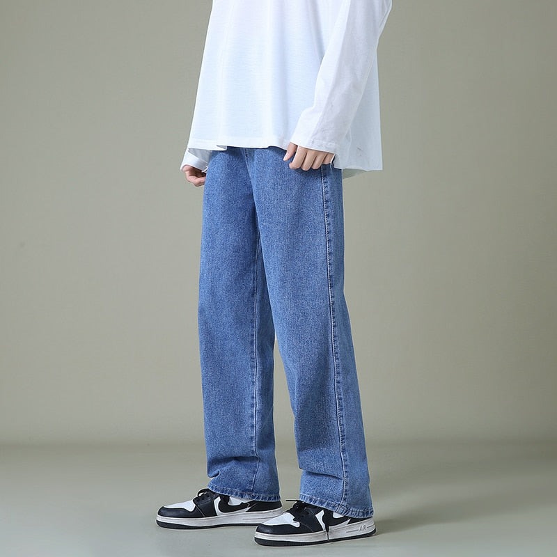 New autumn men denim wide leg pants korean style straight light blue baggy jeans elastic waist students trousers male black gray