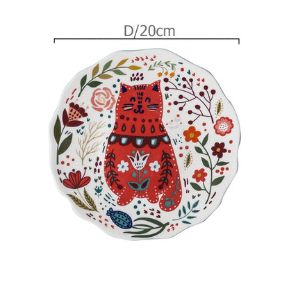 8 inch Colorful Cat Dinner Plate Under-glazed Ceramic Dinner Dishes Dessert Tray Flower Kitten Tableware Microwave Safe