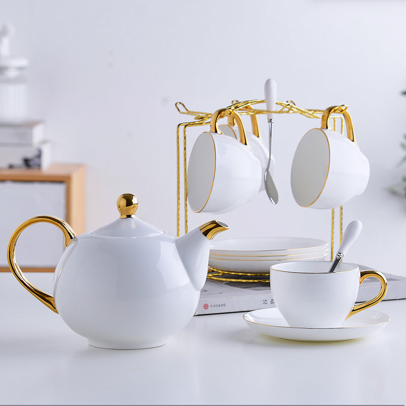 Elegant Bone China Tea Set Porcelain Scented Tea Cup Ceramic Pot Floral Teapot Set Cafe Mug Coffee Cup White Gold Teacup Teaset