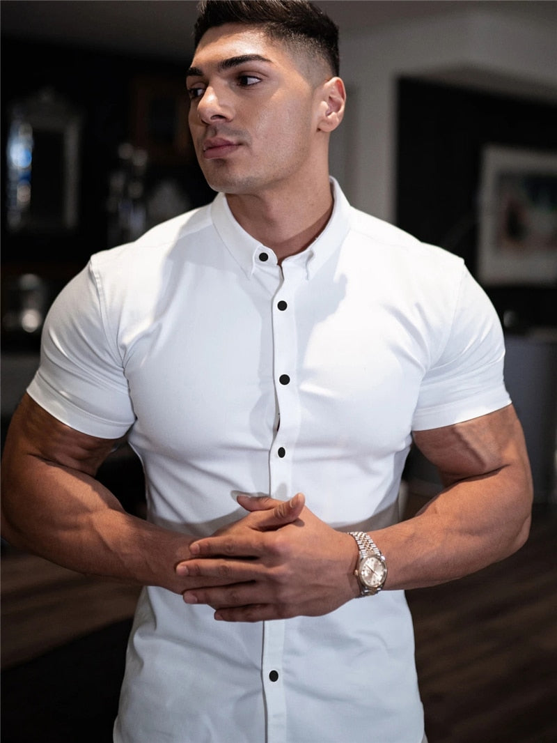 Men Fashion Casual Short Sleeve Solid Shirt Super Slim Fit