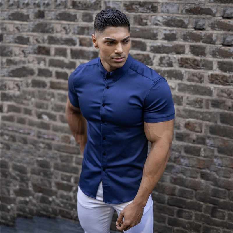 Men Fashion Casual Short Sleeve Solid Shirt Super Slim Fit