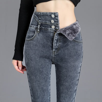 Hohe-qualität Winter Dicke Fleece High-taille Warme Dünne Jeans Dick Frauen Stretch Taste Bleistift Hose Mama Casual samt Jeans