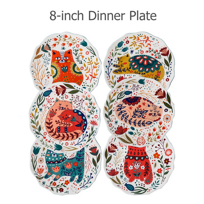 8 inch Colorful Cat Dinner Plate Under-glazed Ceramic Dinner Dishes Dessert Tray Flower Kitten Tableware Microwave Safe