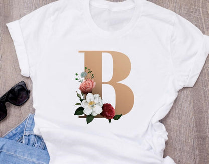 Custom name letter combination women High quality printing T-shirt Flower letter Font A BCDEFG short sleeve Clothing