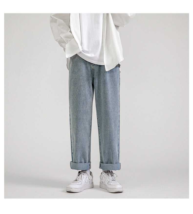 Korean fashion men's baggy jeans classic all-match solid color straight leg wide leg jeans male light blue gray black