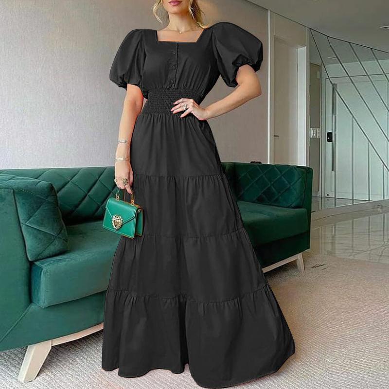 Summer Puff Shoulder Party Dress Spring Solid Button Long Shirt