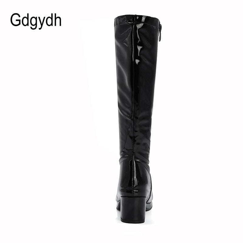 Women Patent Leather Boots 2023 Autumn Winter High Heel Platform Mid Calf Boots For Women Colorful Fashion Light PU Boots