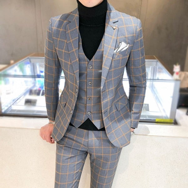 Men Dress Blazer Pants Vest 3 Piece Set / Male Wedding New 2023 Autumn Business Formal Plaid Suit Luxury