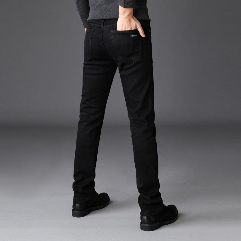 Men Stretch Black Jeans Classic Style Business Fashion Pure Black Slim-fit Denim Pants Male Brand Casual Trousers