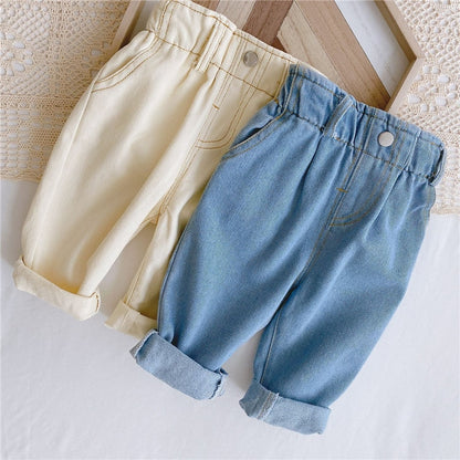 Autumn and winter new jeans baby girl clothes baby clothes high waist solid color warm out jeans children's clothing