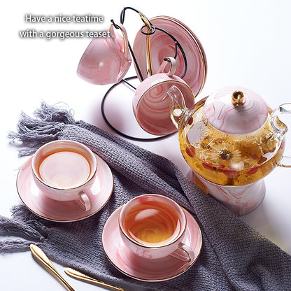 Marbling Porcelain Tea Set Nordic Ceramic Tea Cup Pot with Candler Strainer Floral Teapot Set Cafe Mug Teaware Coffee Cup teacup