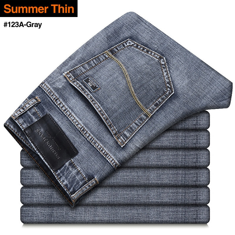 New Men's Stretch Regular Fit Jeans Business Casual Classic Style Fashion Denim Trousers Male Black Blue Gray Pants