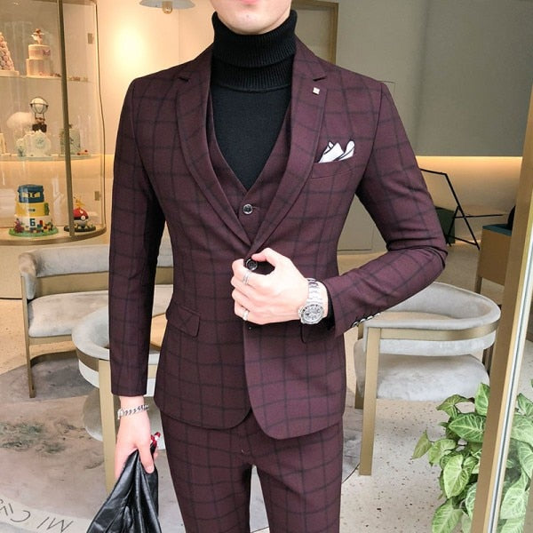 Men Dress Blazer Pants Vest 3 Piece Set / Male Wedding New 2023 Autumn Business Formal Plaid Suit Luxury