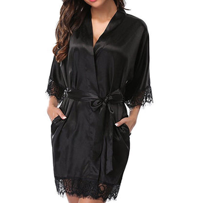 Silk Lace Dress Women's Sleepwear Mini Robe Half Sleeve Lace Bathrobe Sexy Lingerie Night Dress Thongs Nightgown