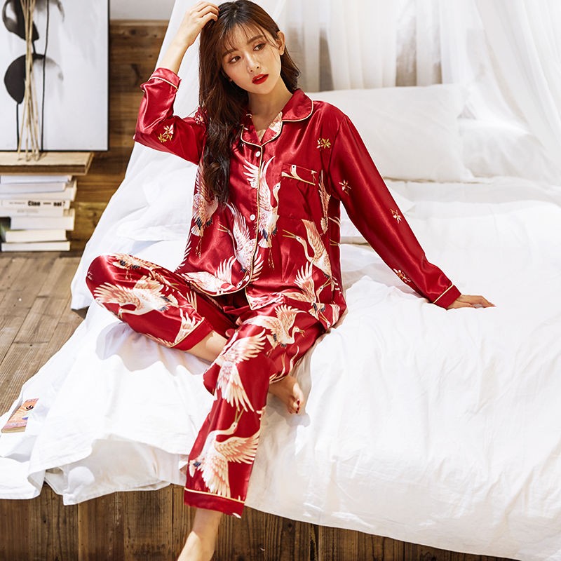 OVERSIZE Couples Print Pajamas Suit Shirt &amp; Pants Silky 2PCS Sleep Set Kimono Bathrobe Gown Casual Bridal Wedding Gift Nightwear