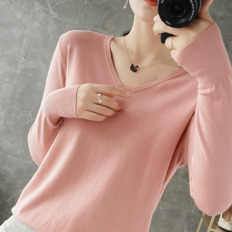 V-neck Knitwear Long Sleeve Loose Cashmere Sweater