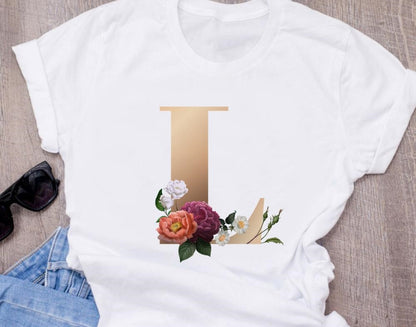 Custom name letter combination women High quality printing T-shirt Flower letter Font A BCDEFG short sleeve Clothing