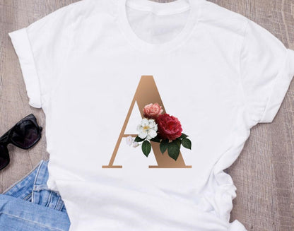 Custom name letter combination women High quality printing T-shirt Flower letter Font A BCDEFG short sleeve Clothing