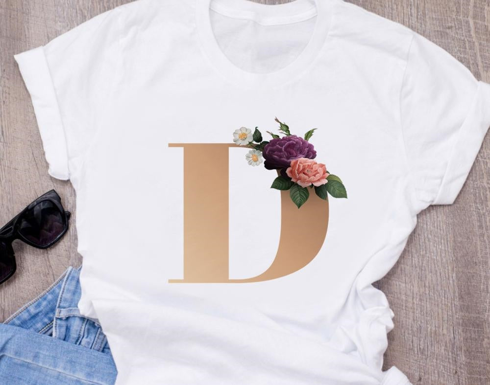 Custom name letter combination women High quality printing T-shirt Flower letter Font A BCDEFG short sleeve Clothing