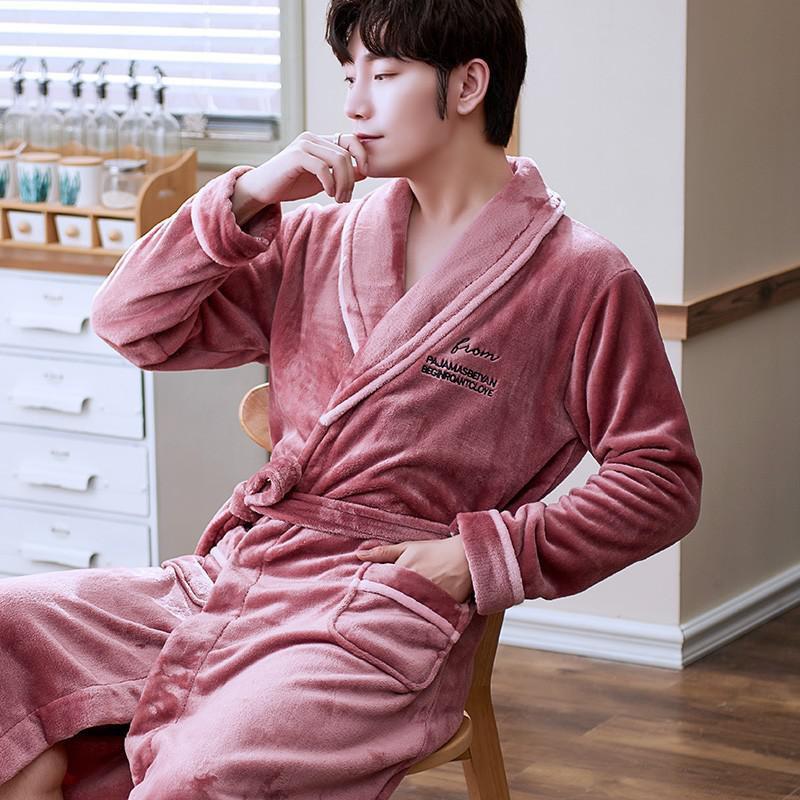 Lovers Coral Fleece Robe Autumn Winter Warm Sleepwear Women Men Thicken Flannel Bathrobe Lounge Nightgown Home Clothes Bigsize