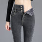 Hohe-qualität Winter Dicke Fleece High-taille Warme Dünne Jeans Dick Frauen Stretch Taste Bleistift Hose Mama Casual samt Jeans