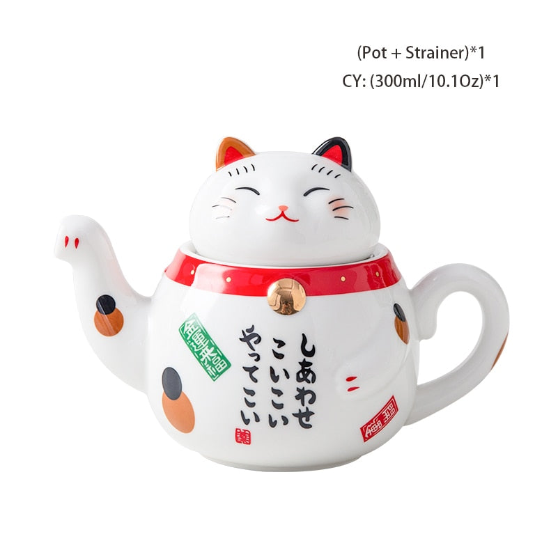 Cute Japanese Lucky Cat Porcelain Tea Set Creative Maneki Neko Ceramic Tea Cup Pot with Strainer Lovely Plutus Cat Teapot Mug